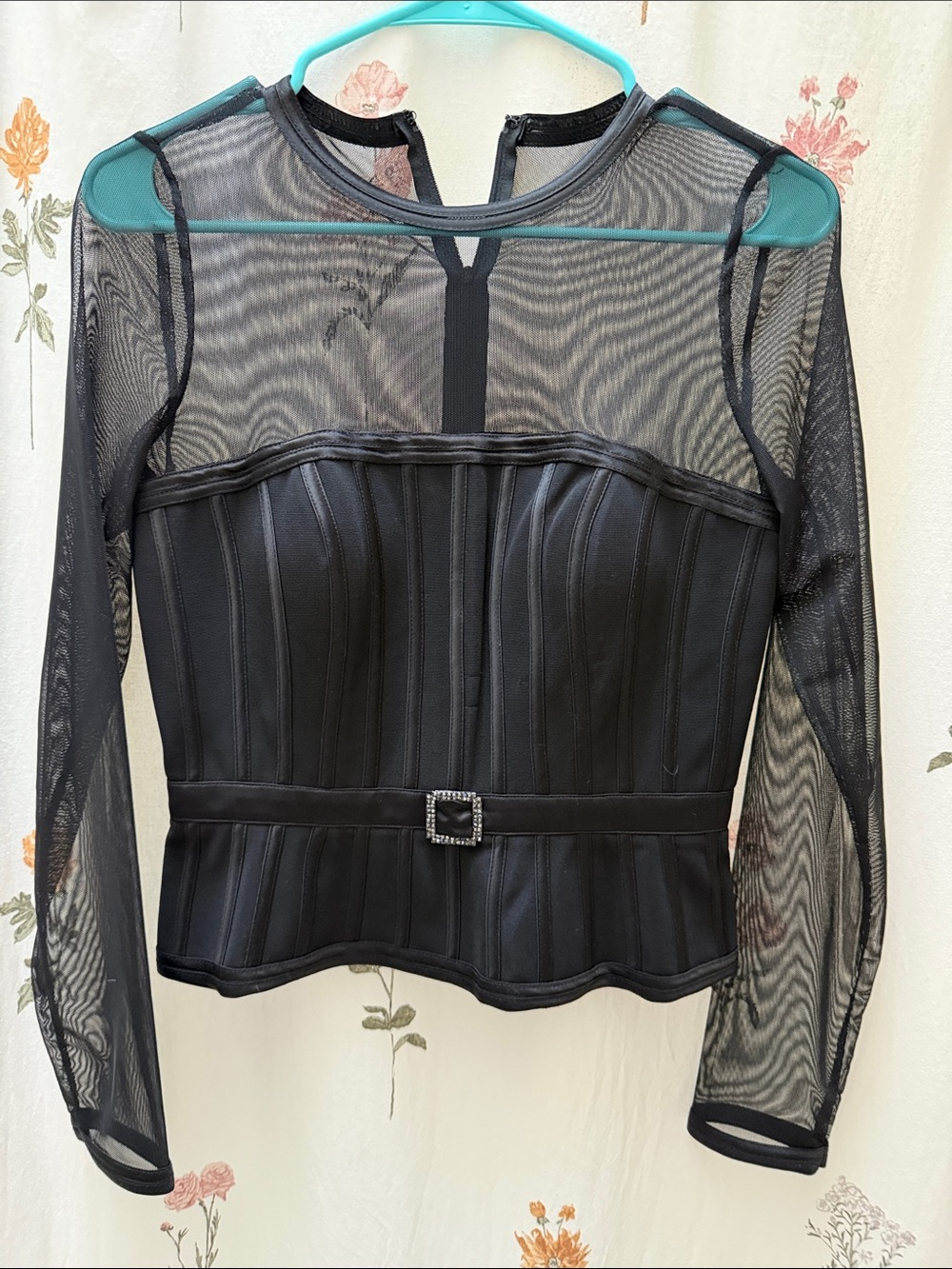 JS Collections Black Sheer Mesh Corset Top with Rhinestone Buckle